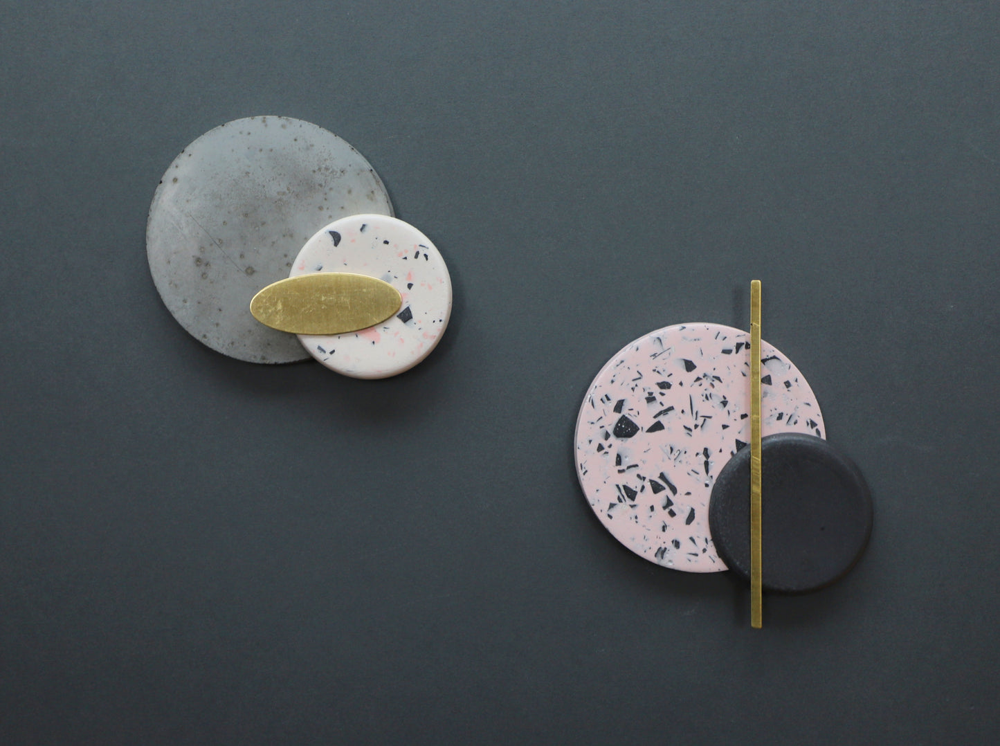 Black stoneware and terrazzo pink, black & brass wall hanging