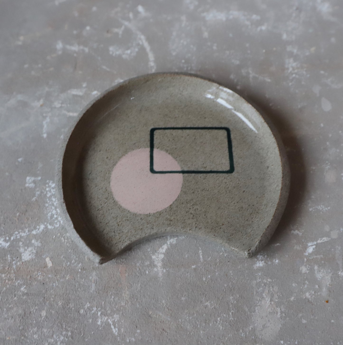 Spoon Rest in grey stoneware with circle & rectangle geometric design